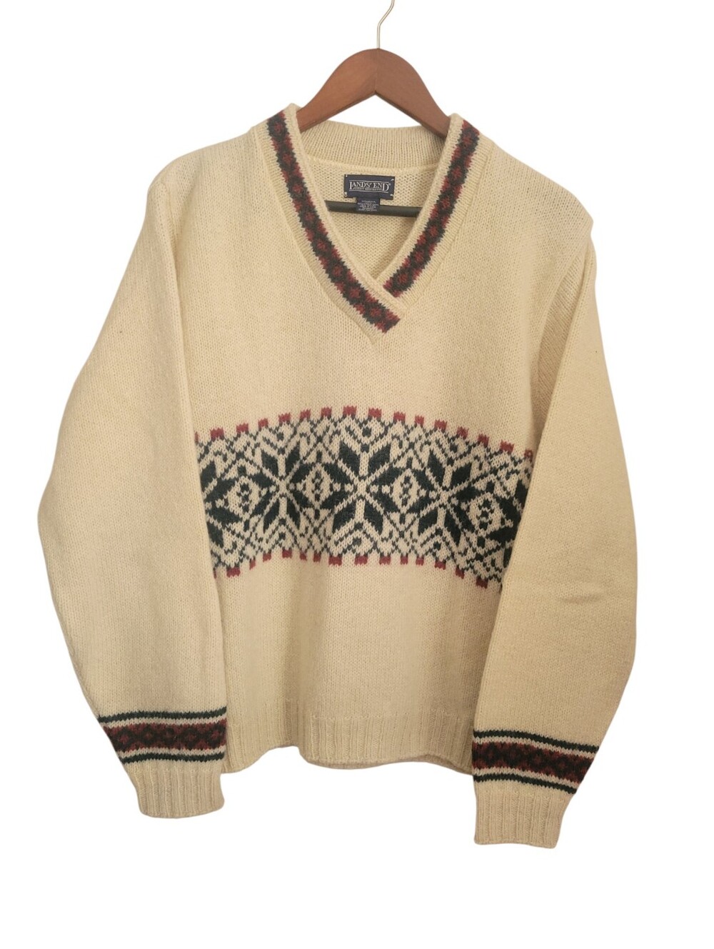 Vintage Lands' End Wool Fair Isle Sweater L Nordic Ski Lodge Made USA 90s - Picture 3 of 11